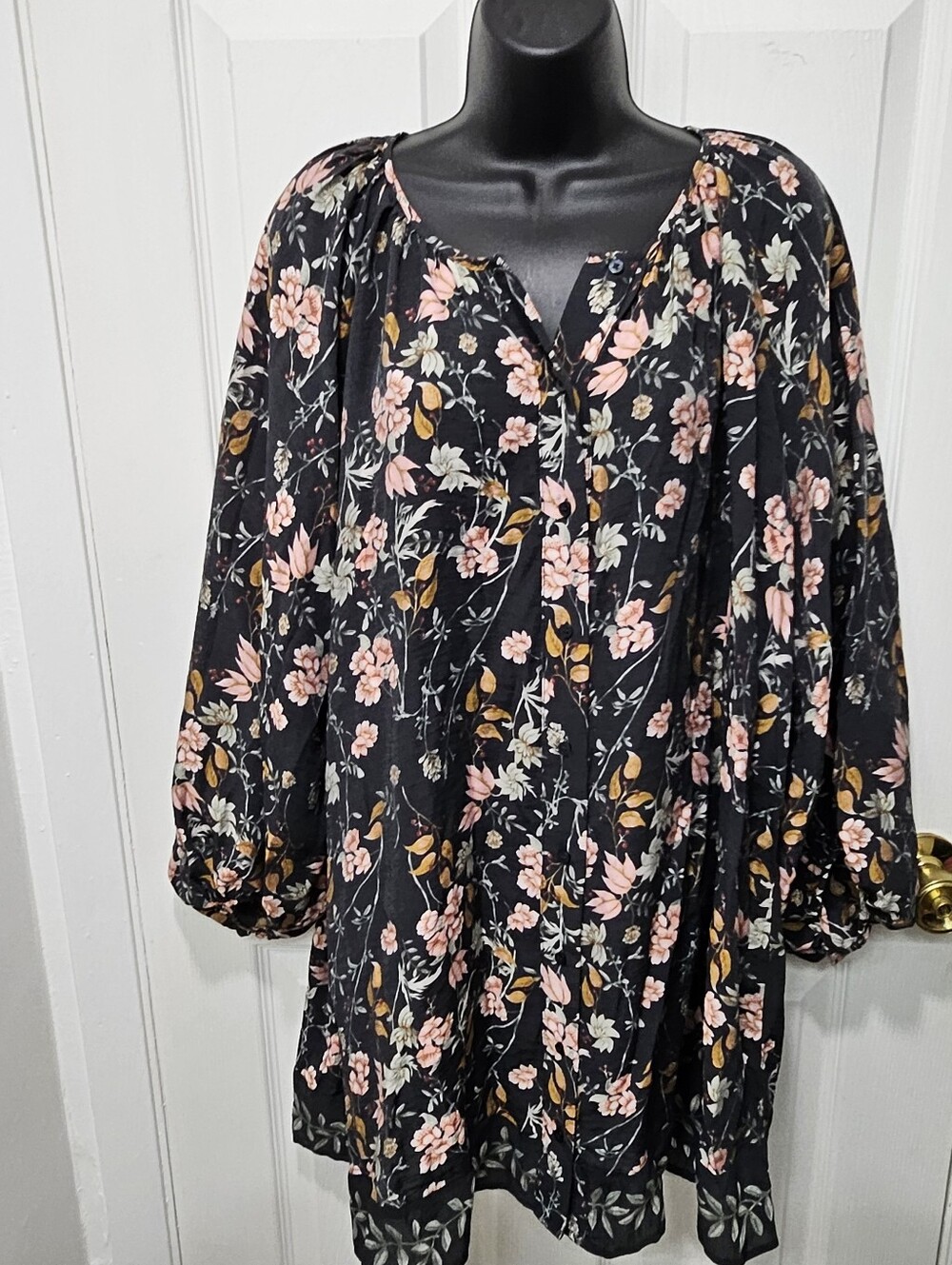 H&M Black Floral Viscose Tunic Mini Dress Medium Balloon Sleeve Boho Cottagecore